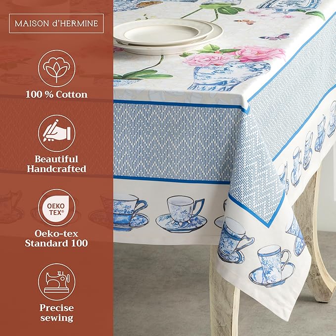 Maison d' Hermine Table Cloth Rectangle Table 100% Cotton 70 x 108 Inches Tablecloth Reusable Decorative Everyday Use for Dining Room, Farmhouse, Home, Party, Festive & Wedding Spring Summer - Canton