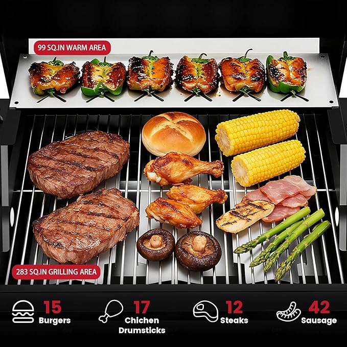 3 Burner Propane Gas Grill, 30000 BTU Outdoor Gas BBQ Grill Cooking with Two Table, Stainless Steel Cooking Grids, Built-in Thermometer, Easy-Clean Grease, for Backyard, Camping