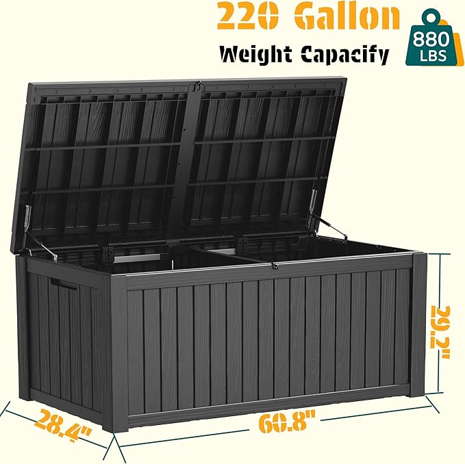 NUNU LAB 220 Gallon Outdoor Storage Box Waterproof, Outside Package Delivery Deck Boxes with Lockable Lid, Backyard Storage Bin For Garden Tools, Patio Cushions, Black