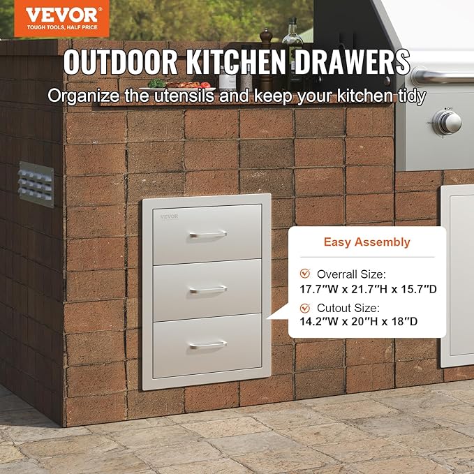 VEVOR Outdoor Kitchen Drawer Cabinets 16" W x 21.5" H x 18" D, BBQ Drawer Stainless Steel, Flush Mount Triple Access, with Handle, BBQ Island, Outdoor Grill Patio Grill Station