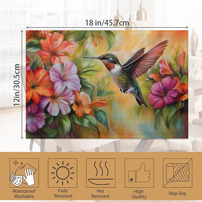 Hummingbird Placemats Set of 6,Colorful Flower Waterproof Non-Slip Washable Table Mats for Kitchen Dining Holiday Party Wedding Decor 12x18 Inch