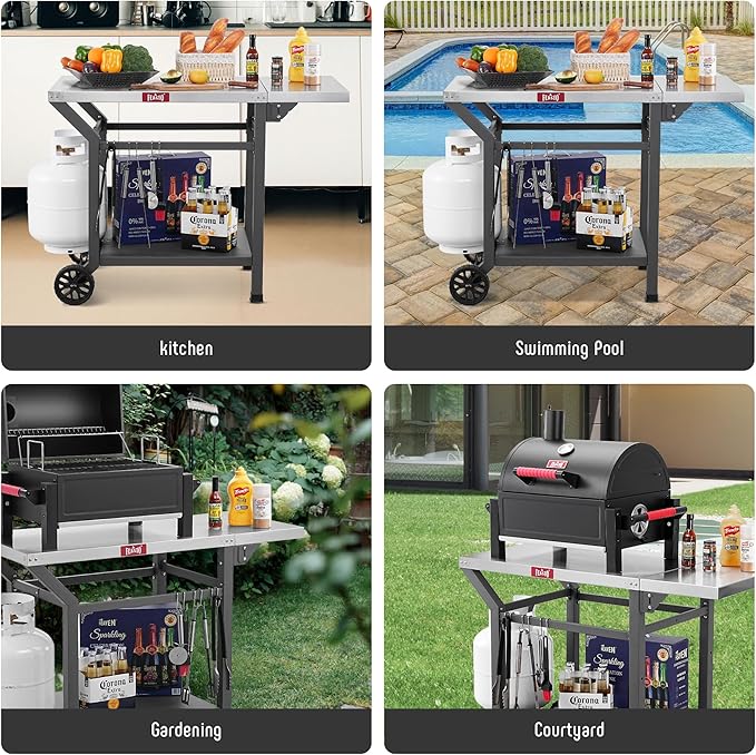 Movable Grill Table with Folding Side Table, Pizza Oven Table as BBQ Food Prep Cart with Undershelf for Outdoor & Indoor Use, 43" L x 20" W Stainless Steel Tabletop, Gray