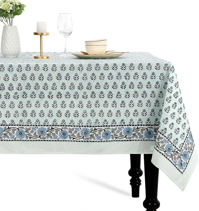 CPC Tablecloth 100% Cotton 70x108 Inch Indian Block Print Rectangle Table Cover, Washable Table Cloth for Weddings, Spring/Summer, Barbeque - Poppy Blue