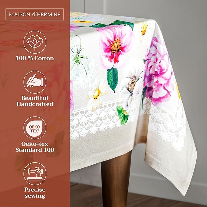 Maison d' Hermine Table Cloth Rectangle Table 100% Cotton 54 x 72 Inches Tablecloth Reusable Decorative Everyday Use for Dining Room, Farmhouse, Home, Party, Festive & Wedding Spring Summer - Pivoine