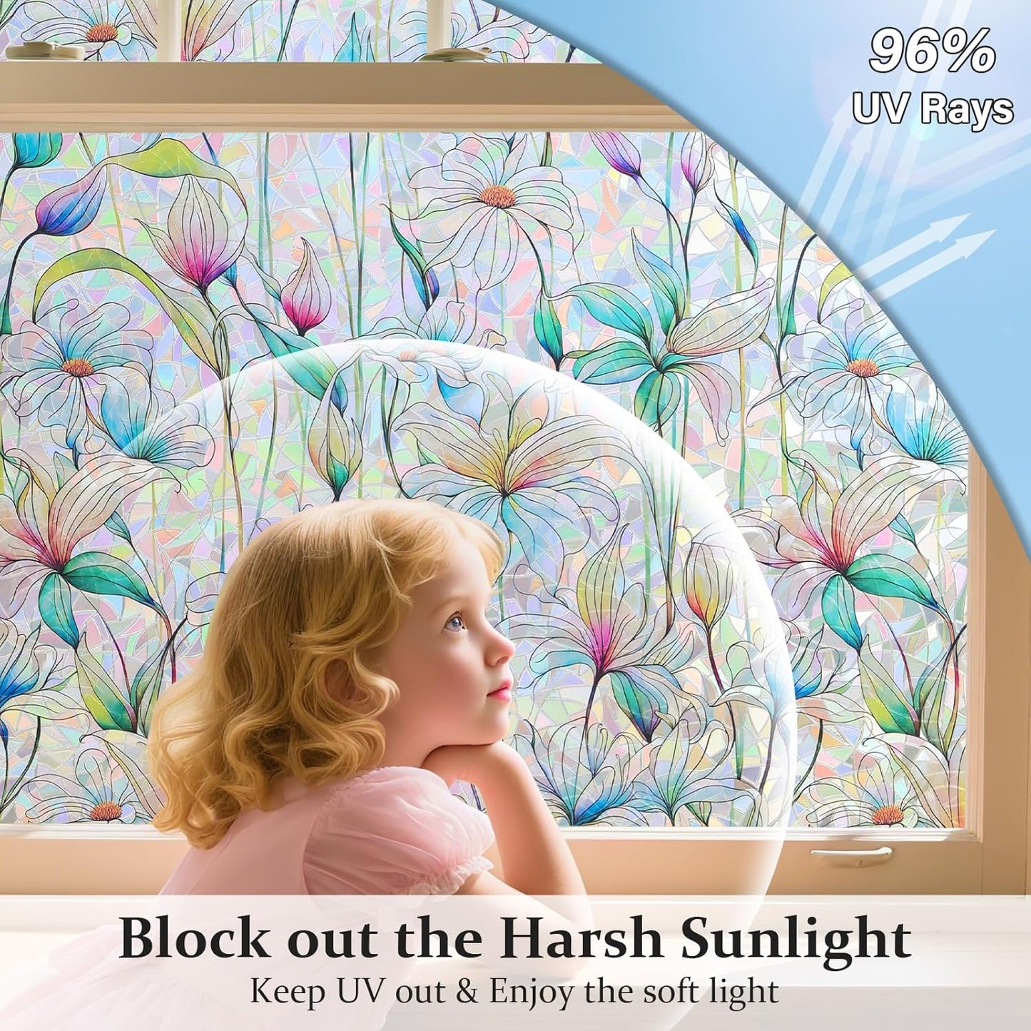 Donox Decorative Window Privacy Film, 3D Floral Stained Glass Window Film Static Cling Rainbow Privacy Sticker for Glass Door Heat Control Anti UV, No Adhesive (Magnolia,17.5 x 157.4 inches)