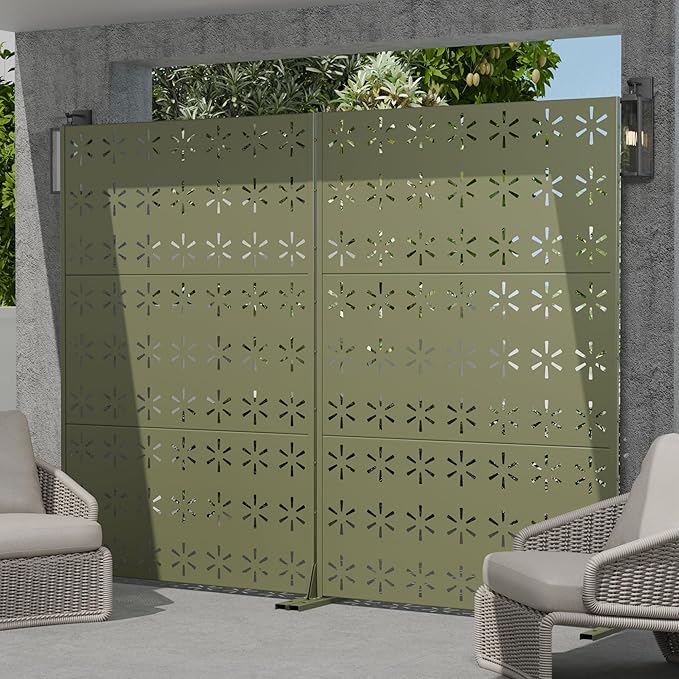 Casaphoria Metal Privacy Screen Outdoor, 72" H x 47" W Freestanding Decorative Privacy Screen for Patio Deck Balcony Garden with Stable Base, Light Green-Star