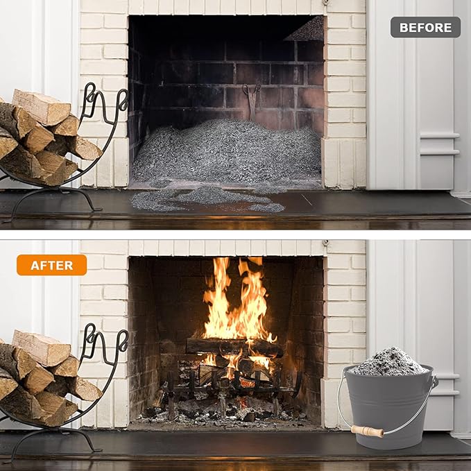 Poofzy Ash Bucket with Lid and Shovel, 1.3 Gallon Fireplace Bucket for Ashes, Includes Hand Broom and Gloves for Fire Pit, Wood Burning Stove and Grill (Gray)