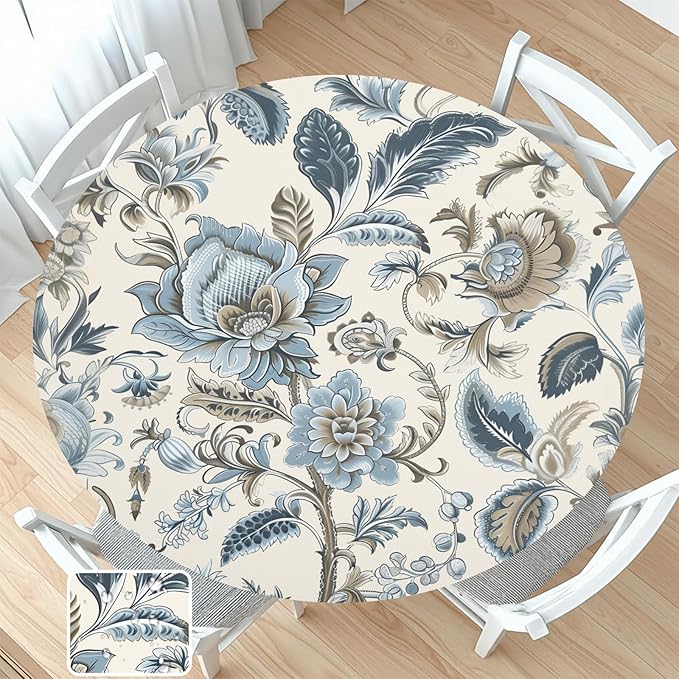 Vintage Floral Round Fitted Tablecloth with Elastic Blue Brown Chinoiserie Flower Circle Table Cloth for 44-48" Round Tables Wipeable Waterproof Elegant Rustic Table Cover for Dining Patio Picnic