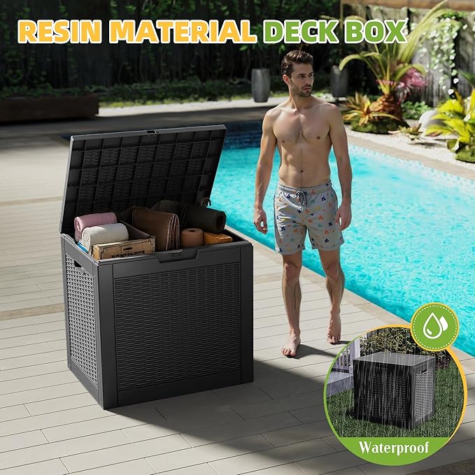 30 Gallon Waterproof Resin Deck Box, UV Resistant Outdoor Storage for Garden, Patio, Porch, Delivery（Black，31 Gallon）