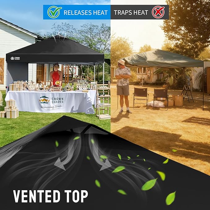 CROWN SHADES 12x12 Pop Up Canopy Tent Instant Commercial with 150D Silver Coated Fabric Including 1 Removable Sidewall, 4 Ropes, 8 Stakes, Weight Bags, STO 'N Go Bag, Black