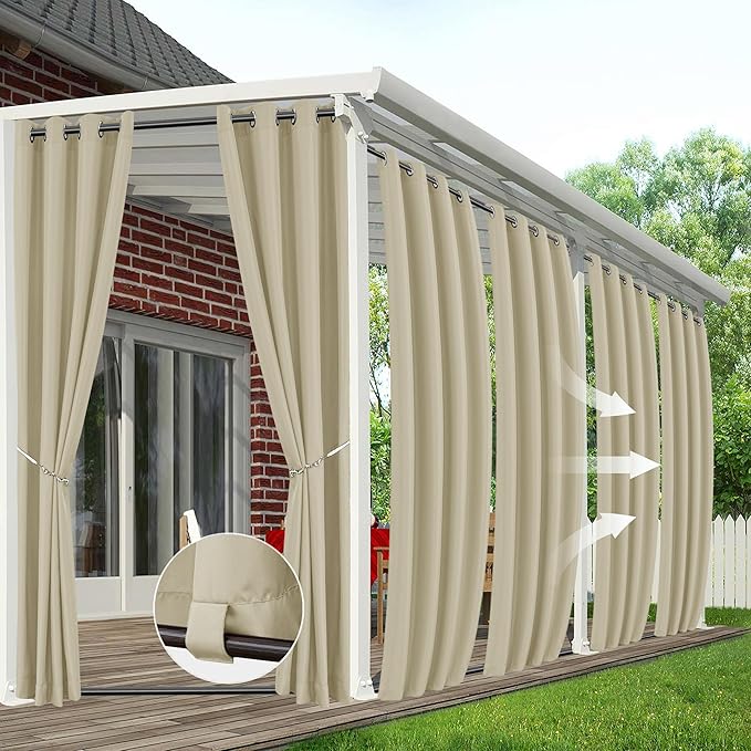 HolidayIdeas 6 Panels Outdoor Curtains for Patio Waterproof-Windproof Weatherproof Privacy Curtains-Grommet Top and Tab Bottom Drape for Gazebo, Porch, Pergola, Cabana, Backyard 54x84 Inch Cream