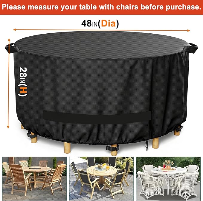 LBTING Round Patio Furniture Cover, Outdoor Table Chair Set Covers 48Dia x 28H Inches, 420D Waterproof Windproof Dust-proof UV-Resistant Furniture Cover - Black
