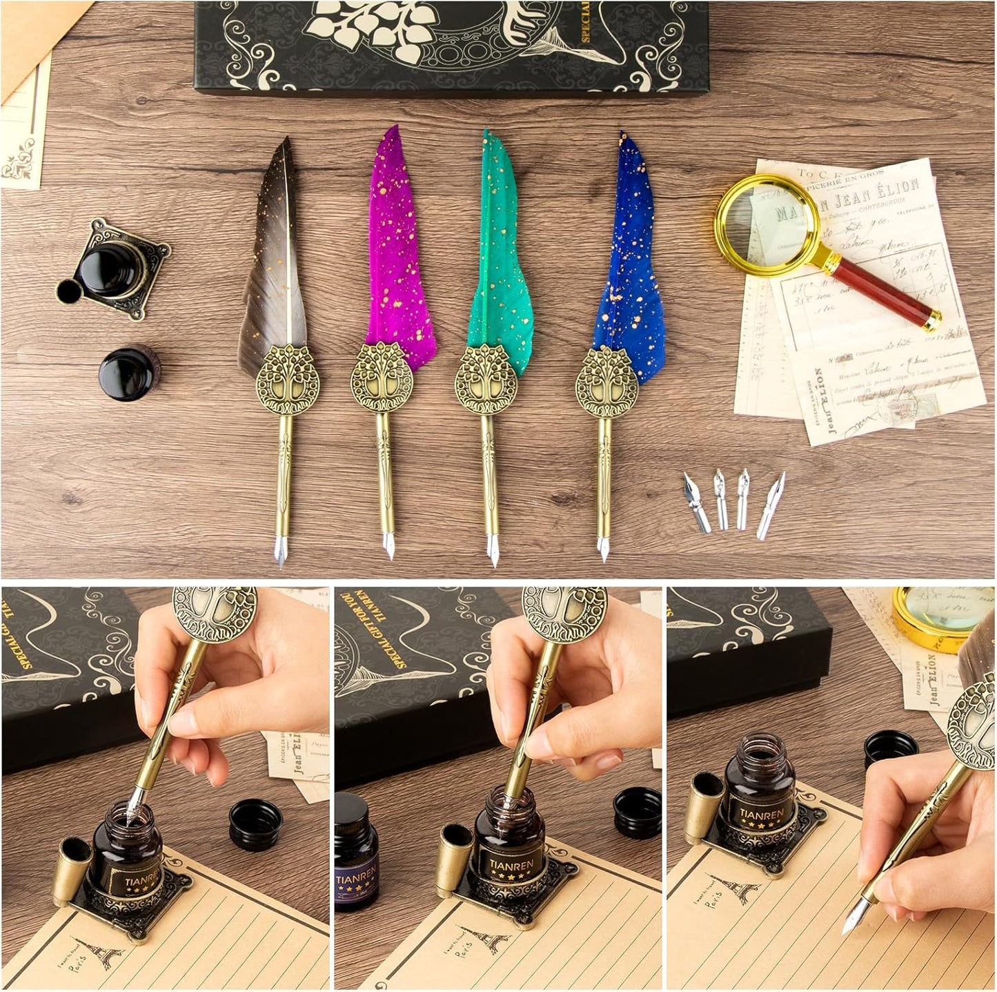 Feather Pen and Ink Set,quill pen ink set,Antique Calligraphy Pen with 4 Replaceable Nibs,2 Bottle of ink,Pen Holder Christmas Gift for Men&Women.(Purple)