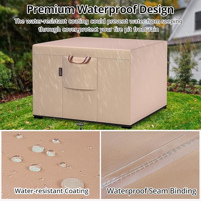 QH.HOME Fire Pit Cover Square-29-32 Inch Heavy Duty 900D Strong Tear-Resistant and UV Resistant and Waterproof and Fading Resistant Material Polyester Firepit Covers for Outdoor Fire Table-Wheat