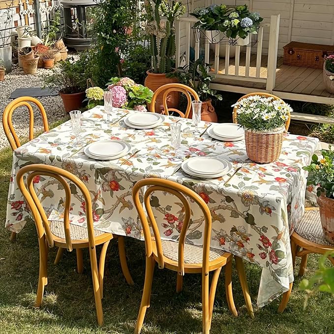 Rectangle Outdoor Tablecloth, Waterproof Table Cloth, Bird Floral Pattern Decorative Fabric Table Cover for Farmhouse, Dining, Picnic, Party, Easter, 60 x 84 Inch, Red Flower