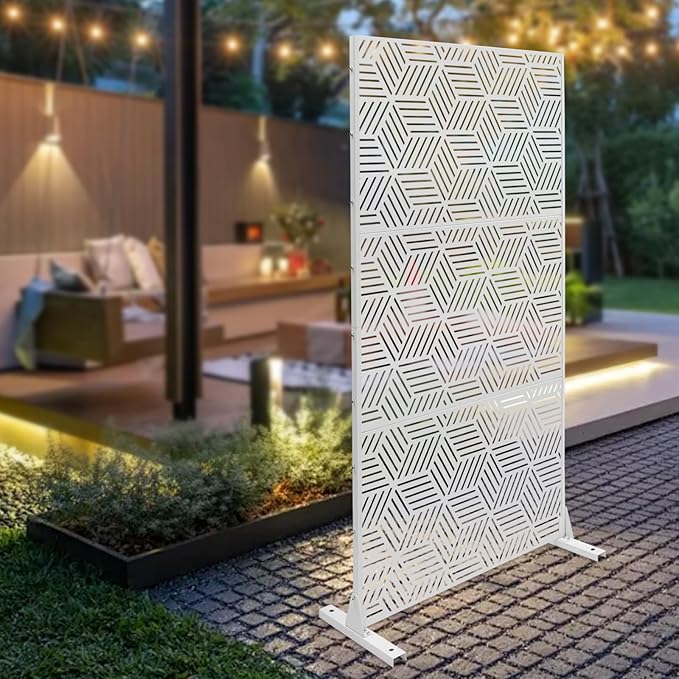 Outdoor Privacy Screens Freestanding, Rustproof Metal Decorative Fence Panels, Rhombic Pattern Tall Outdoor Divider Privacy Fence Screens for Outside Backyard Garden Patio,36.25x71.5inch (White)