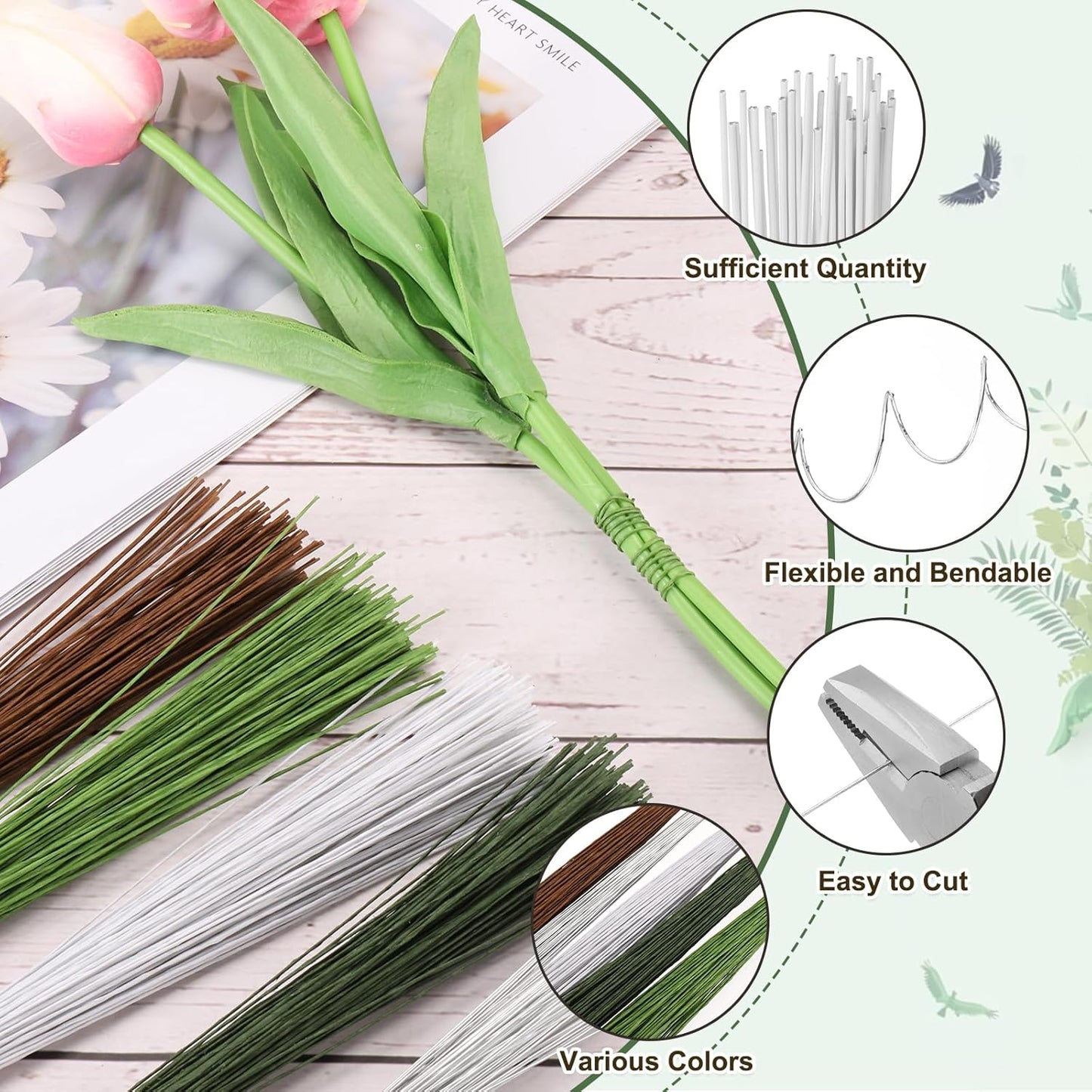 PATIKIL 32 Inch 22 Gauge Floral Stem Wire, 5 Pack/200 Pieces Bouquet Stem Paper Wrapped for DIY Crafts Flower Arrangements, White