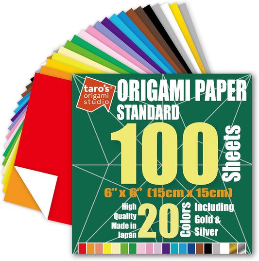 [Taro's Origami Studio] Standard 6 Inch One Sided 20 Colors 100 Sheets Square Easy Fold Premium Japanese Paper for Beginner (Gold and Silver Included) Made in Japan