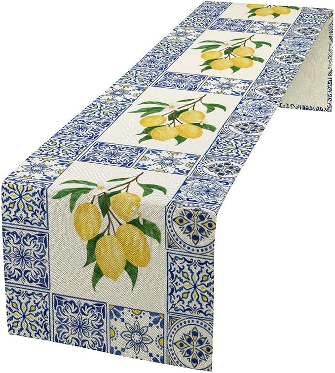 Yellow Lemon Table Runner, Blue Tiles Summer Holiday Tasty Fruit Healthy Fruit Vintage Watercolor Rustic Botanic Table Cover for Party Picnic Dining Room Kitchen, 13x60inch