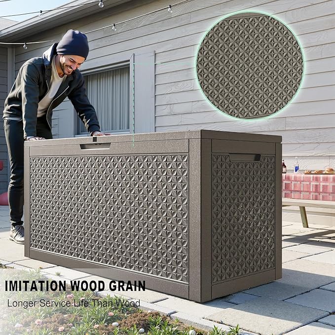 EasyUp 121 Gallon Outdoor Storage Box Waterproof, UV Resistant Resin Deck Box with Hydraulic Rod, Reinforced Stability for Patio, Garden, Quad Leaf Grey
