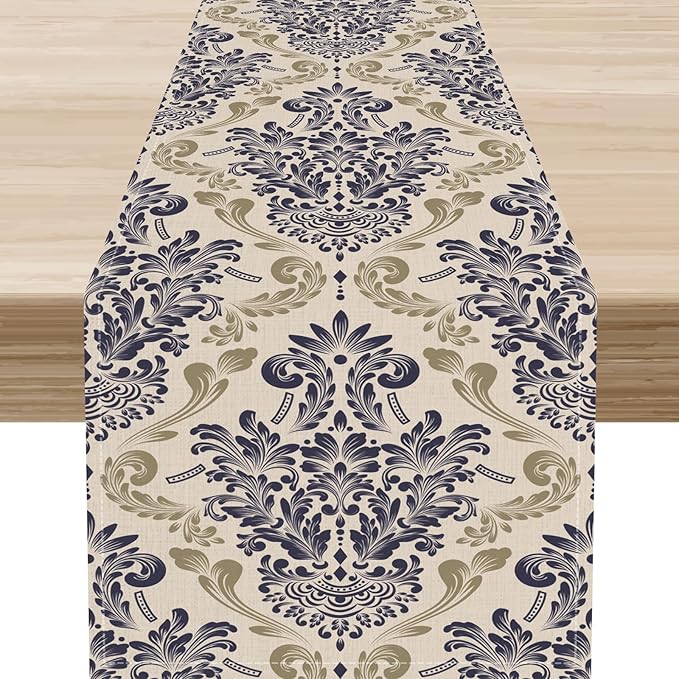 Blue Damask Table Runner, Boho Baroque Style Floral Flower Antique Classic Rustic Gothic Vintage Coffee Table Center Decor for Kitchen and Dining Outdoor Home Country Party Table Decorations, 13"x36"