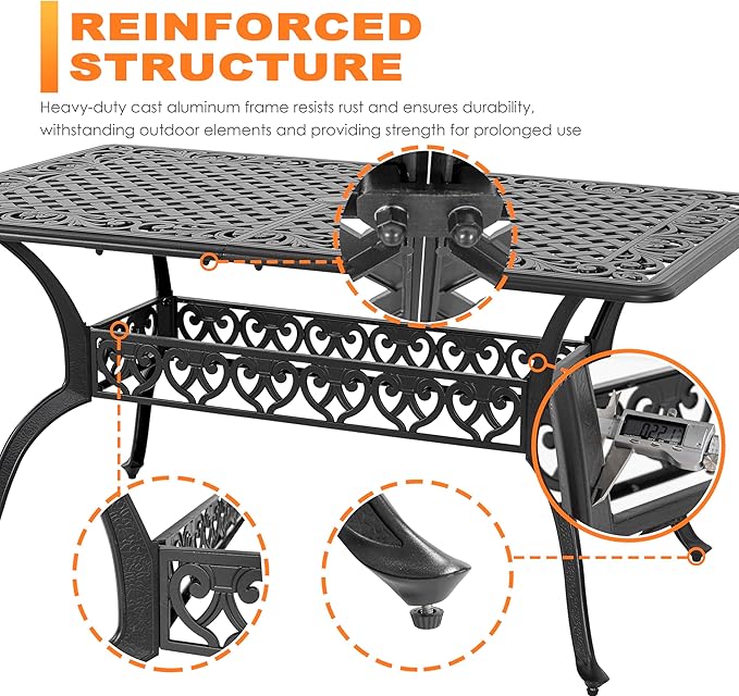NUU GARDEN 60" Outdoor Dining Table with 2.09" Umbrella Hole, All Weather Cast Aluminum Outdoor Patio Table, 6-8 Person Rectangle Dining Table, Backyard Bistro Table for Garden, Poolside, Black