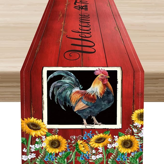 Rooster Table Runner, Farmhouse Vintage Chicken Wooden Sunflower Floral Cow Pig Red Coffee Table Center Decor for Family Kitchen and Dining Room Outdoor Country Party Table Decorations, 13"x90"