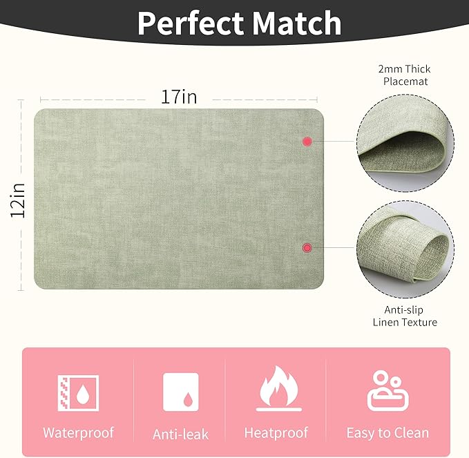 Maxpearl Faux Leather Placemats Set of 4, Waterproof - Wipe Clean - Heat Resistant - Anti Slip Dining Table Place Mats, Suitable for Indoor & Outdoor Use, 17’’×12’’, Sage Green