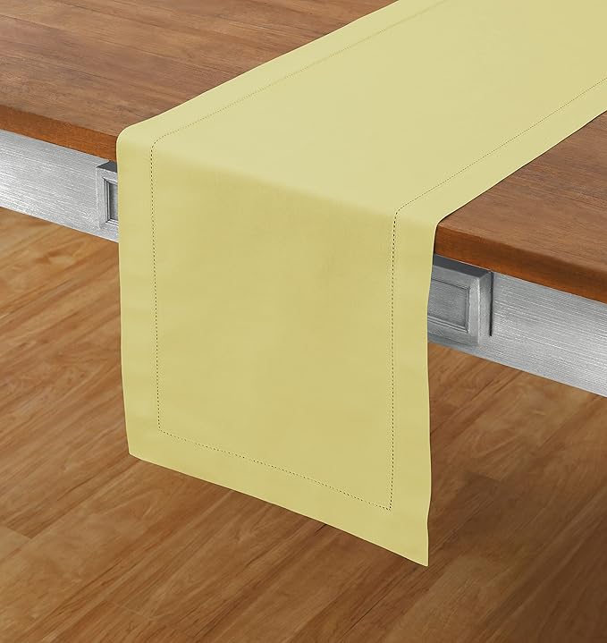 Solino Home Yellow Table Runner 48 Inches - Cotton Linen Hemstitch Coffee Table Runner 14 x 48 Inch Ideal for Dresser Tables, Spring, Easter