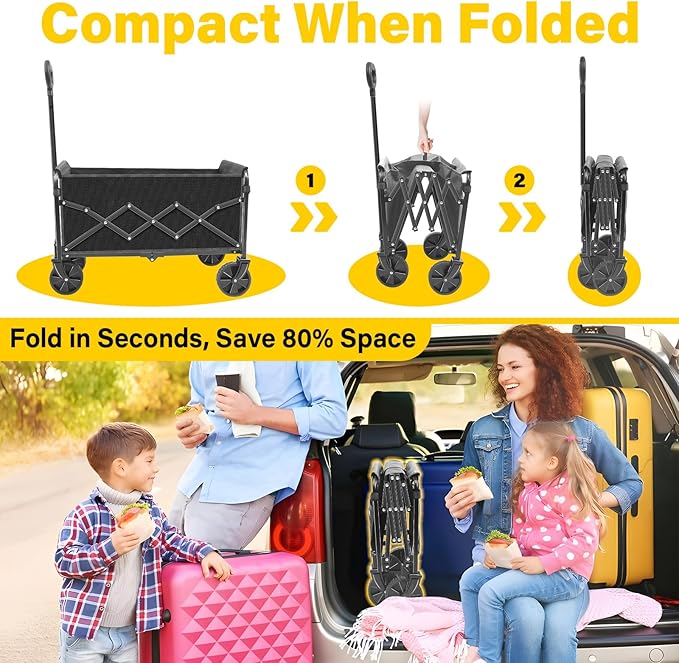 Wagons Carts Foldable, Collapsible Wagon with Wheels — Durable Foldable Wagon for Groceries,Picnic & Pets, Small Hauls, Apartment Moving & Storage, Portable Utility Pull Wagon Cart, 360lbs, Black