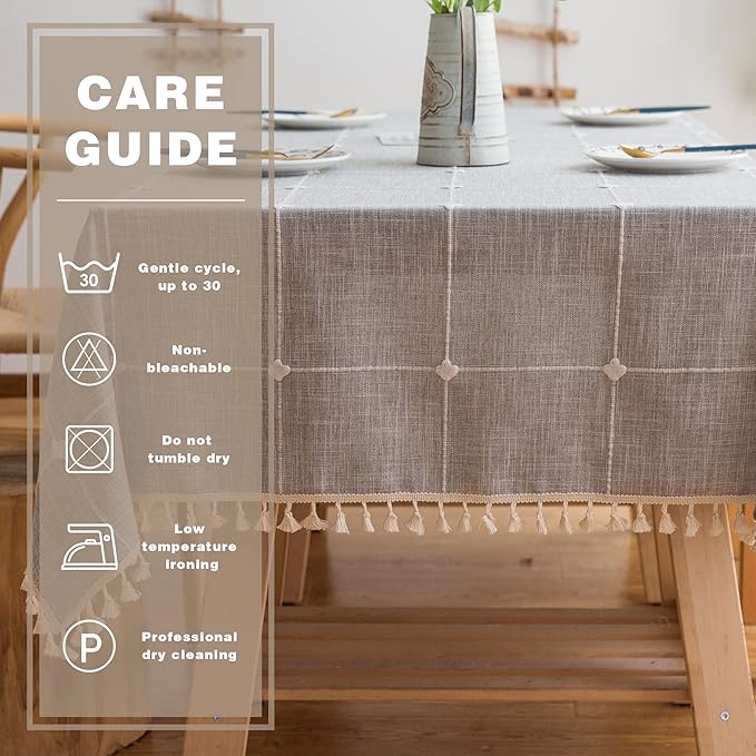 Pahajim Rustic Linen Tablecloth Cotton Rectangle Table Cloth for Kitchen Dining with Tassel Plaid Waterproof Tablecloths Rectangle/Oblong,55''x94'', 6-8 Seats