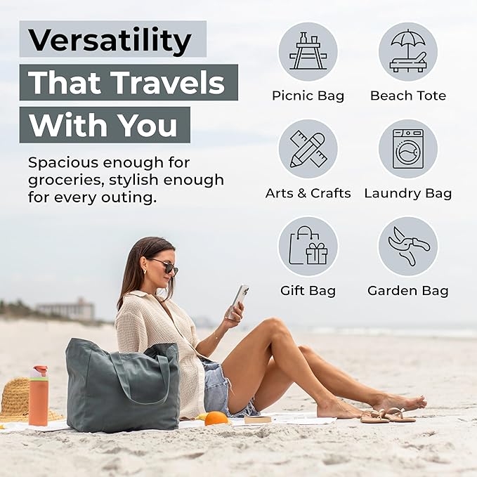 VeraMia Canvas Grocery Bag 3pc XL Set with Real Pockets, Long Shoulder Strap and Short Handle. Heavy Duty, Foldable, Washable