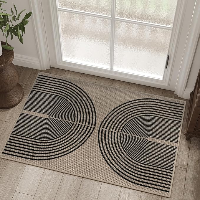 Easy Jute Rainbow Entryway Rug, 2x3 Washable Non-Slip Indoor Outdoor Doormat, Black Nature Boho Farmhouse Small Kitchen Rug Modern Abstract Throw Rugs for Entrance Bedroom Bathroom