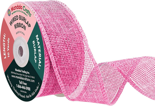 Mandala Crafts Pink Burlap Wired Ribbon 1.5 Inches Wide Jute Ribbons for Crafts - 10 Yds Roll Rustic Burlap Wrap Trim Ribbons for Wreaths Bows Party Decoration