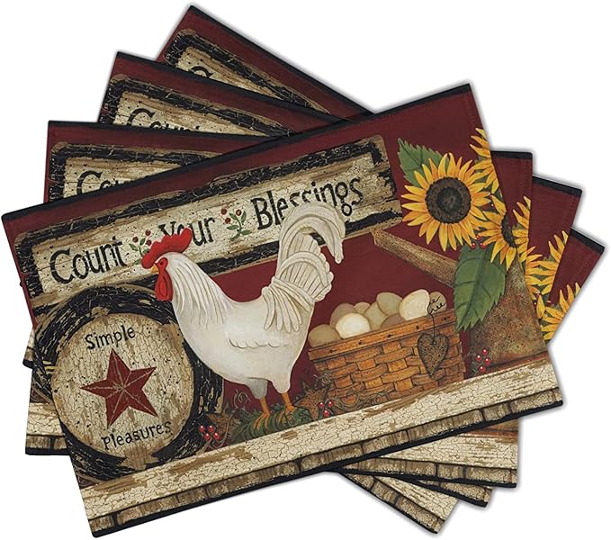 Giwawa Vintage Rooster Placemats Set of 4 Farmhouse Chicken Linen Table Mat Rustic Country Style Farm Animal Print Heat Resistant Non-Slip Washable Place Mats for Dining Kitchen Party Decor