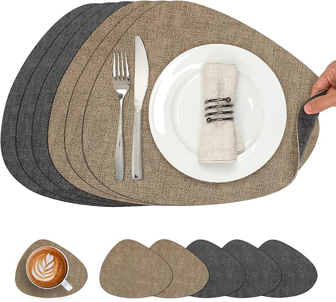 Placemats and Coasters, Washable Reversible Placemats Round Faux Leather Wipeable Place Mats Non Slip Heat Resistant Indoor Outdoor Table Mats (Set of 6, Gray Beige)
