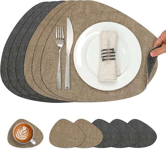 Placemats and Coasters, Washable Reversible Placemats Round Faux Leather Wipeable Place Mats Non Slip Heat Resistant Indoor Outdoor Table Mats (Set of 6, Gray Beige)