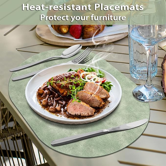 ADRIMER Placemats, Heat Resistant Oval Placemats Set of 6 Washable 12 x 17 Inch, Waterproof Table Mats, Wipeable Pu Place Mats for Kitchen, Dining Room, Green