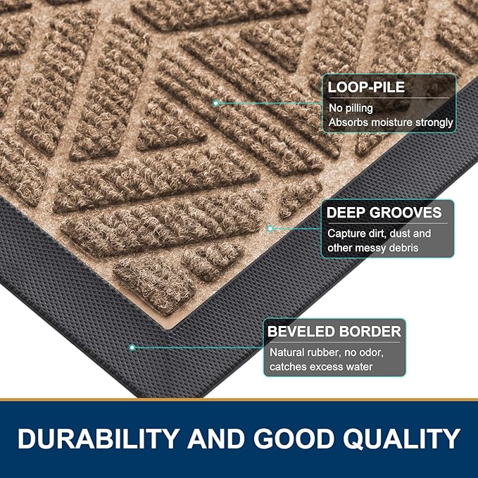 Smiry Front Door Mat Outside Entrance, Heavy Duty Sturdy Natural Rubber Doormat, Trap Dirt and Moisture, Easy Clean Low Profile Mats for Indoor Outdoor Entry, Grid Geometric (36x24, Coffee)