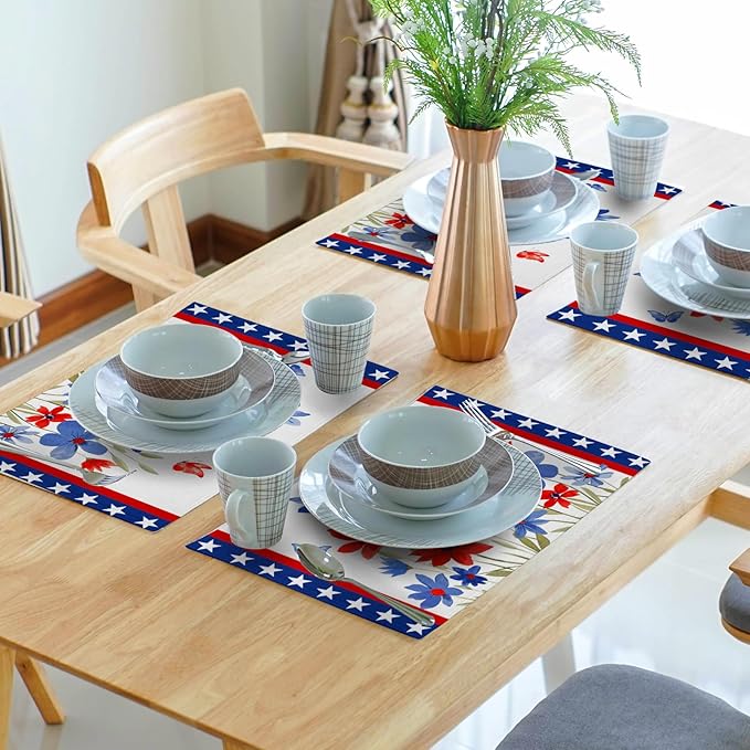 Giwawa 4th of July Placemats Set of 4 Watercolor Patriotic Flowers Stars Table Mats 12x18 Inch Independence Day Floral Heat Resistant Washable Linen Place Mat for Kitchen Dining Party Decor