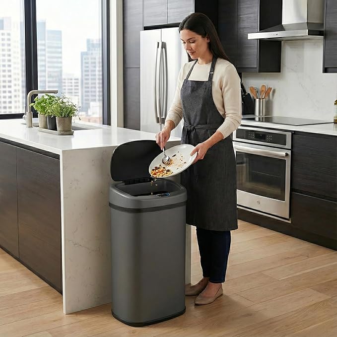 iTouchless 13 Gallon Automatic Sensor Trash Can with Lid, AbsorbX Odor Control System, Gunmetal Gray Stainless Steel Kitchen Garbage Bin, Fingerprint-Proof, Hands-Free Operation, Oval