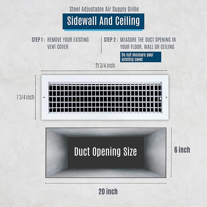 Fits 20x6 Duct Opening Steel Adjustable Air Supply Grille by Handua | Register Vent Cover Grill for Sidewall and Ceiling | White | Outer Dimensions: 21.75" X 7.75"