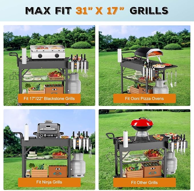 Outdoor Grill Cart, 440lbs Outdoor Grill Table, 31x17 inch Blackstone Griddle Stand, Portable Folding Cart with Wheels, 2-Tier Storage Rack & Side Storage Box (Black)