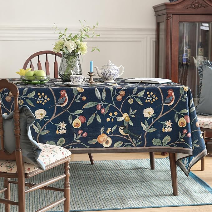 Linen Blue Tablecloth,Wrinkle Resistant French Vintage Tablecloth Print with Foral,Decor Square Table Cloth for Thanksgiving,Dining Room,Home,Kitchen 67" × 67"-DeweyA Blue