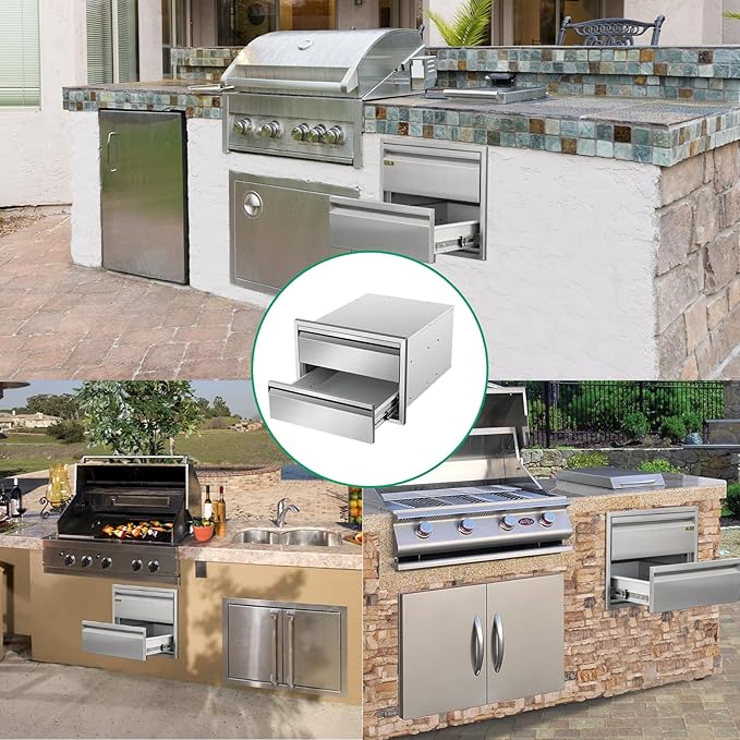 Outdoor Kitchen Drawers 18" W x 13" H x 21" D Stainless Steel Double Drawers with Hidden Handle for BBQ Island, Patio Grill Station & Outdoor Kitchen Cabinets