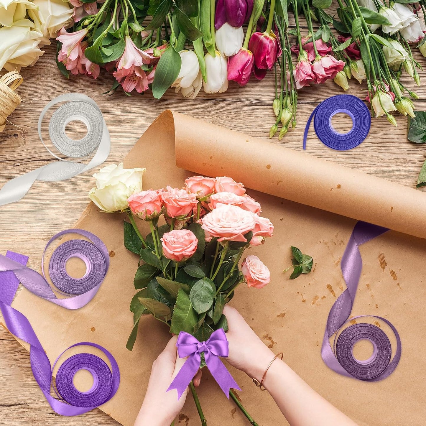 1 Inch Purple Satin Ribbons for Crafts, 6 Rolls Single-Faced Purple Assorted Ribbons for Gift Wrapping Flower Bouquet Wedding Invitations Bridal Shower Hair Bows Garland Party Decor