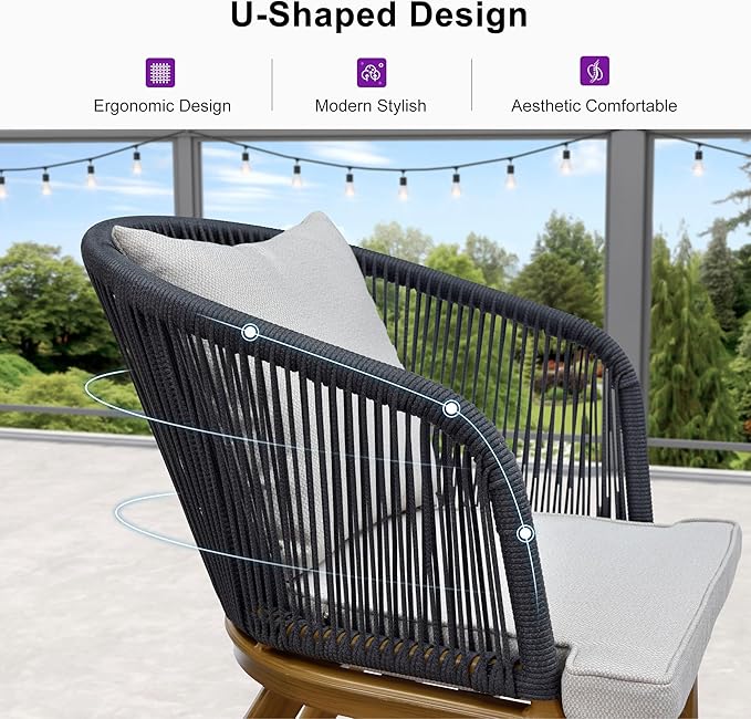PURPLE LEAF 9 Pieces Patio Dining Set Wicker Outdoor Furniture Round Table and Chairs Set for Garden Deck Teak-Finish Aluminum Frame Backyard Kitchen Set, Cushions and Pillows Included