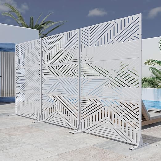 Casaphoria Metal Privacy Screen Outdoor, 72" H x 47" W Freestanding Decorative Privacy Screen for Patio Deck Balcony Garden with Stable Base, White-Ivan