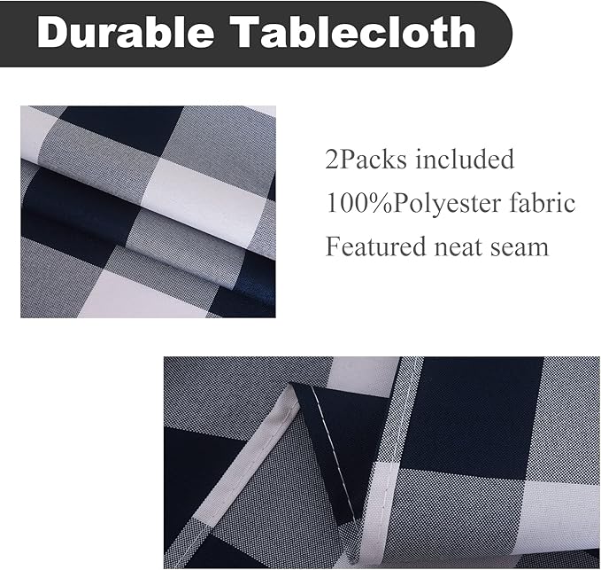 Cupuamon 2 Pack Waterproof Polyester Fabic Rectangle Checkered Tablecloth，60x120 Outdoor Table Cloth，Oil Stain Prevention Table Cloth for Pinics and Parties（Navy and White）