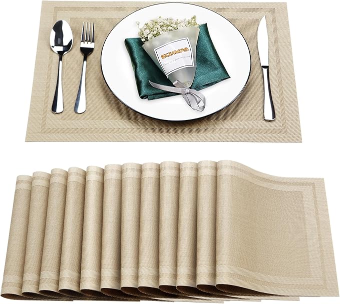 Placemats Set of 12,Washable,Heat and Stain Resistant Indoor/Outdoor Place mats,Vinyl Woven Non Slip Table Mats for Restaurant Table Protection,PVC Placemats(Beige,12PCS)